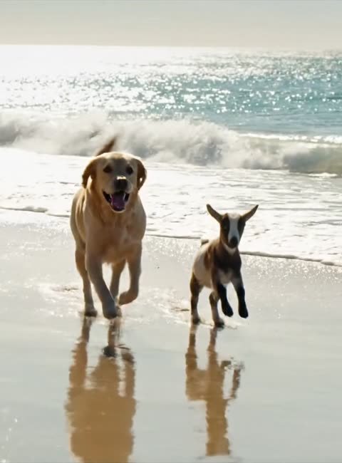 A playful beach chase: a dog sprinting along the shore with a goat in pursuit.