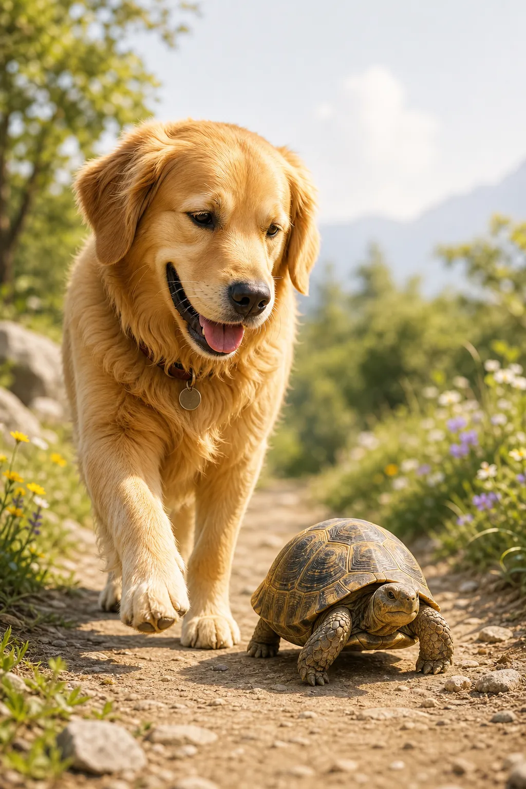 A dog and a turtle walking together like friends.