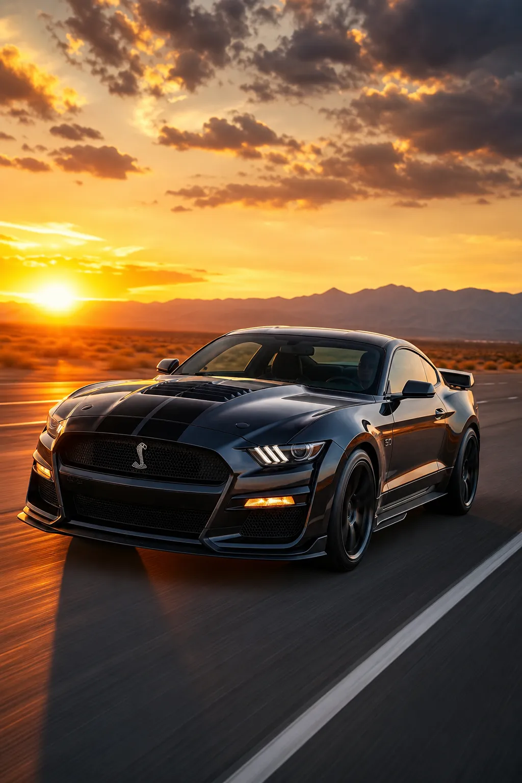 Shelby Mustang 5.0 on a cinematic highway at golden hour.