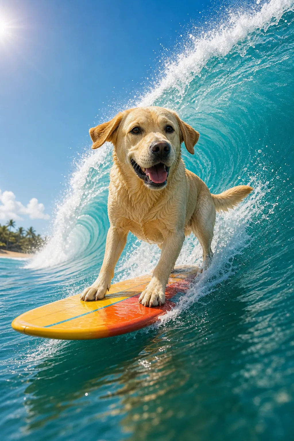 Yellow Lab surfing cool waves