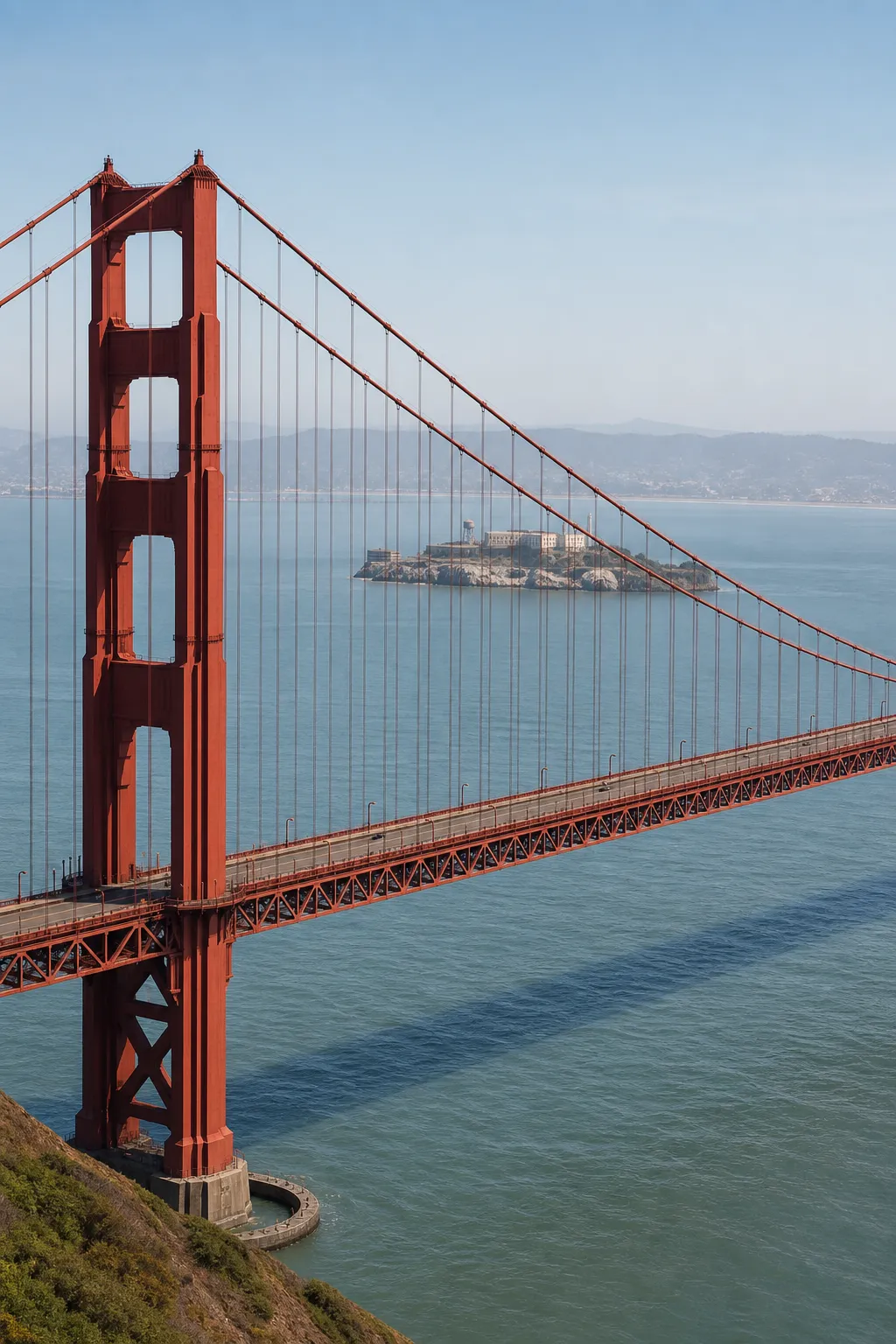 Golden Gate Bridge with Alcatraz across the bay