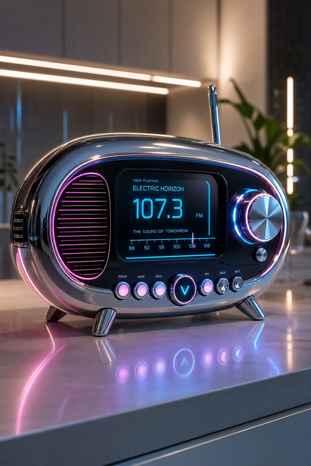 Futuristic radio glowing on a sleek countertop, tuned to a live station.