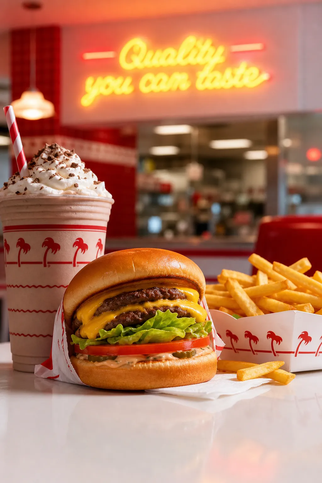 In-N-Out style burger, fries, and chocolate shake in a retro diner vibe.
