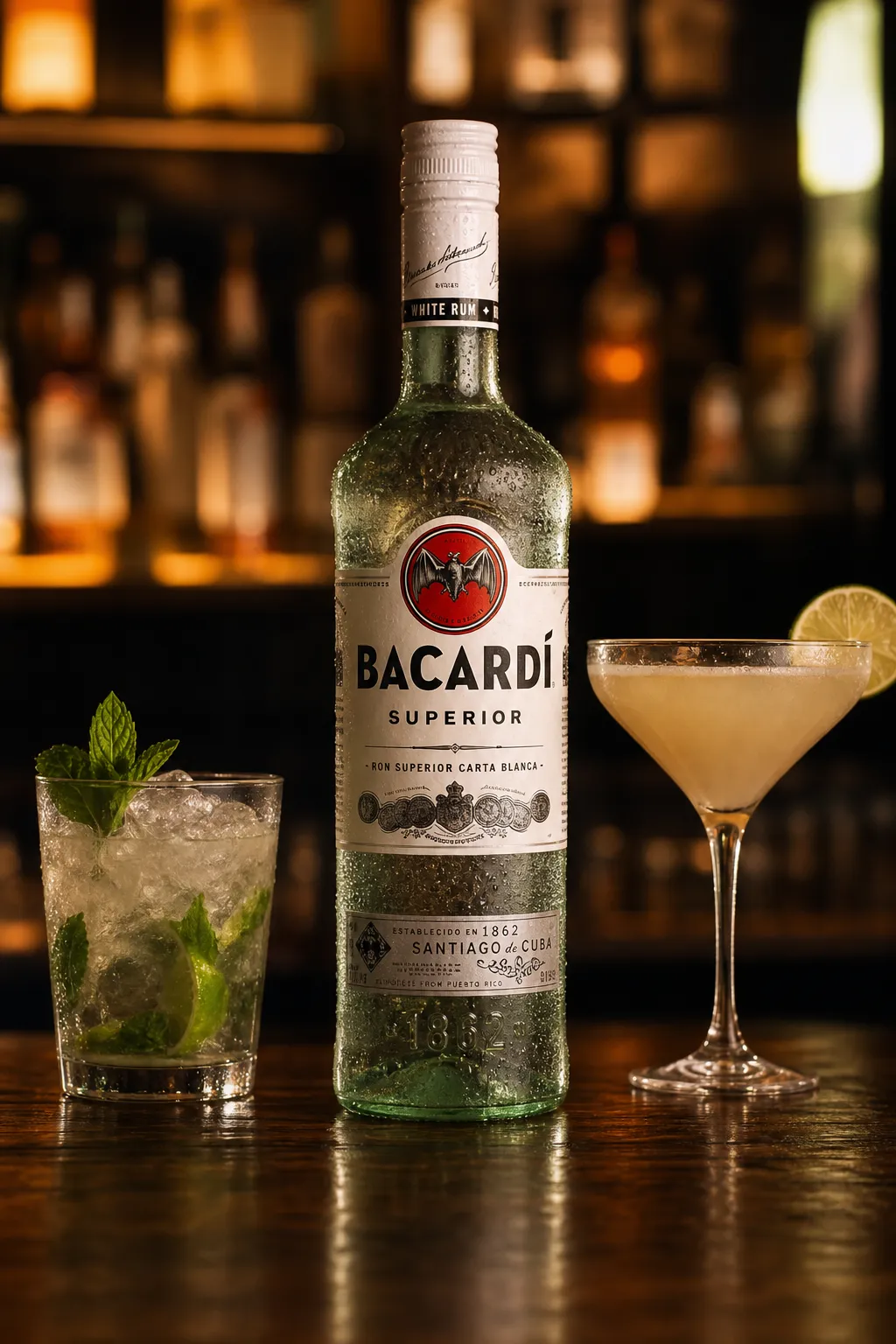 Bacardi with two glasses — classy bar scene