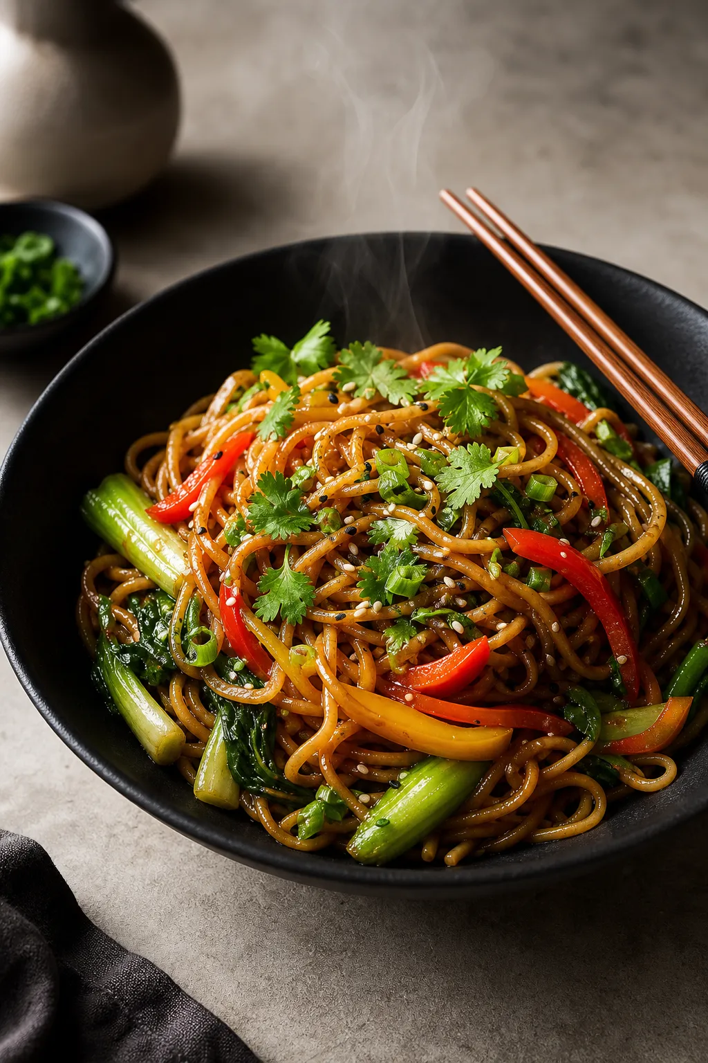 A high-end Asian noodle dish, beautifully plated.