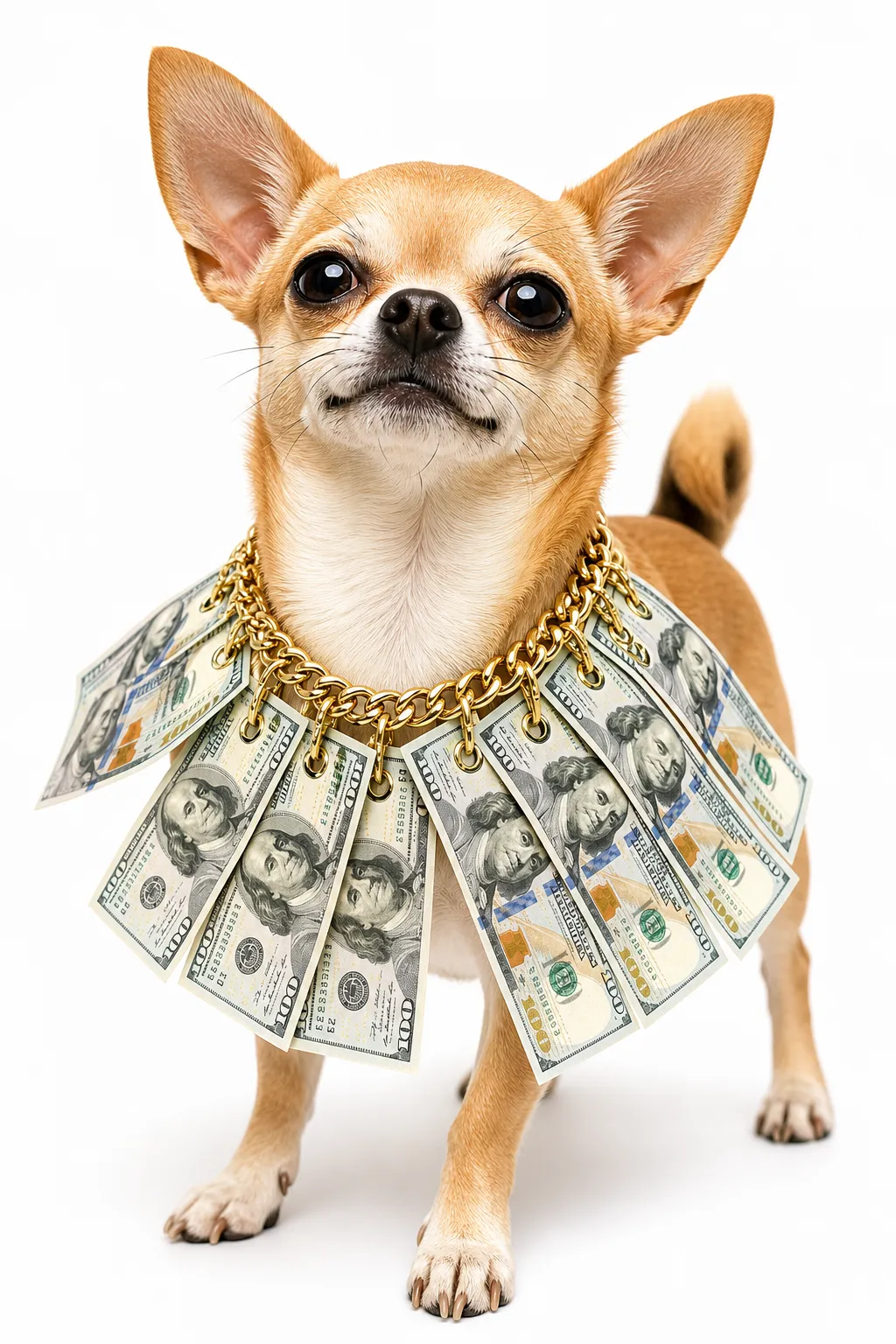 Chihuahua with a hundred-dollar-bill necklace